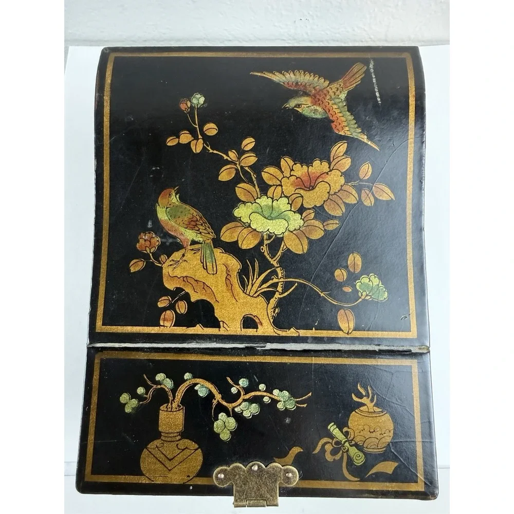 Antique Chinese Wood Lacquered Makeup Oval Vanity Fold Up Mirror Jewelry Box